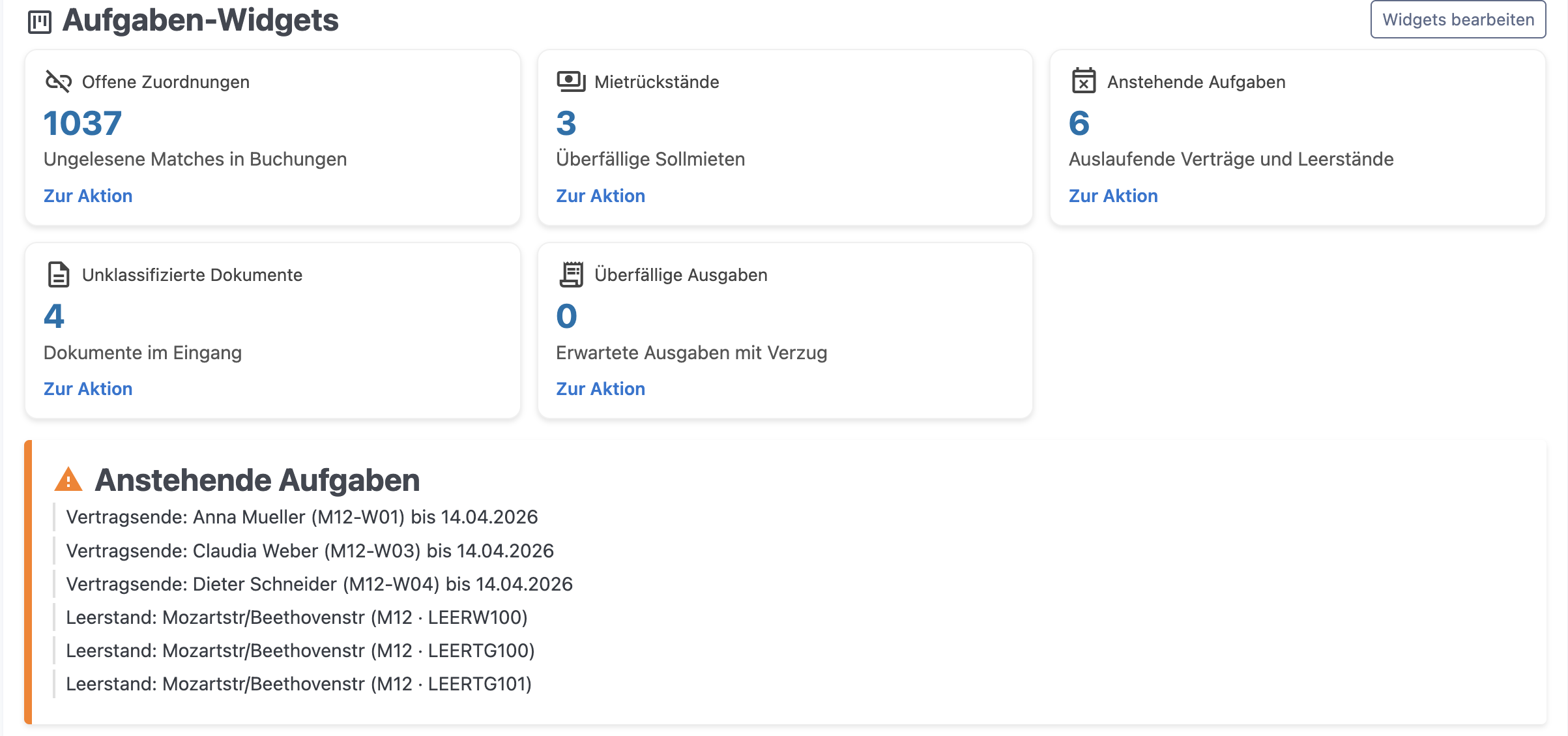 Aufgaben-Widgets und anstehende Aktionen