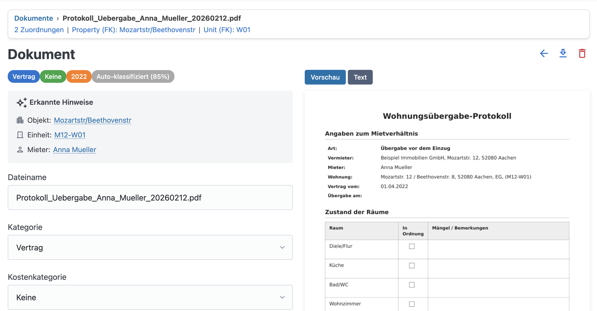 Dokument mit erkanntem Gebäude, Einheit und Mieter als Hinweise