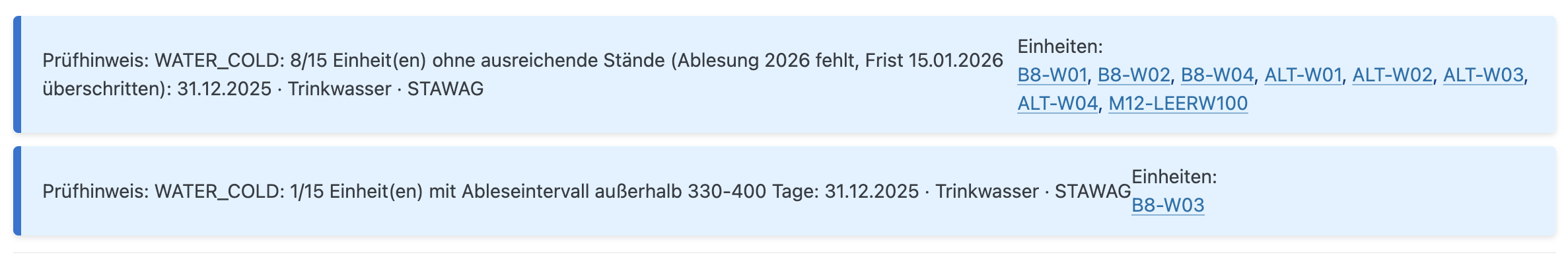 Prüfhinweise bei fehlenden oder auffälligen Zählerständen