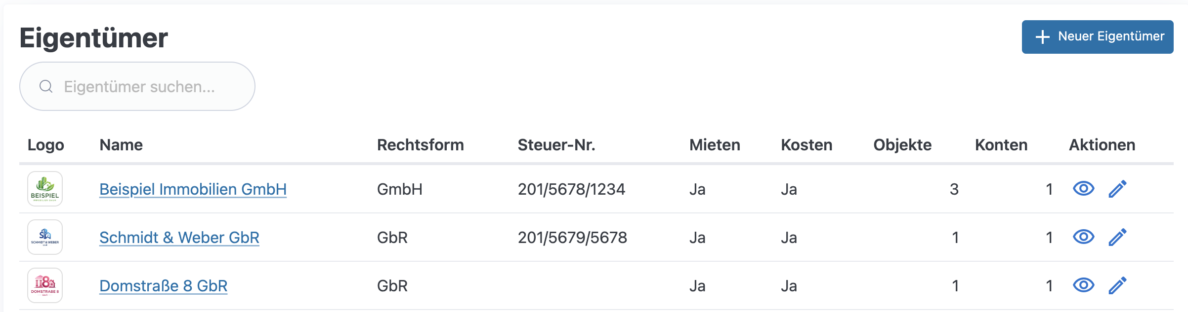 Eigentümer mit Rechtsform und Bankkonten