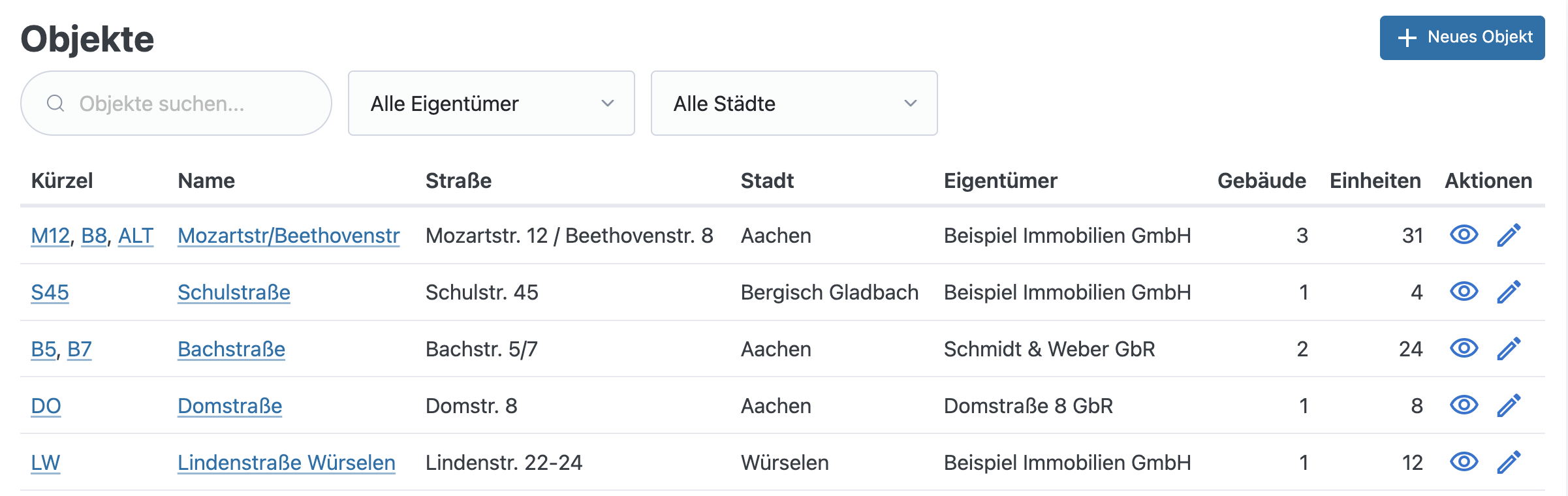Objektliste mit Gebäude- und Einheitenzahlen